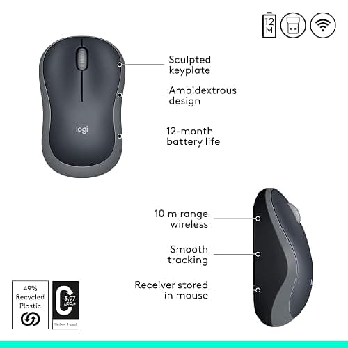 Logitech M185 Wireless Mouse, 2.4GHz with USB Mini Receiver, 12-Month Battery Life, 1000 DPI Optical Tracking, Ambidextrous, Compatible with PC, Mac, Laptop - Grey thumbnail 6