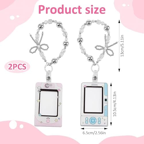 2Pcs Kpop Photocard Holder, 3.5Inch Cute Camera Style Photocard Holder Keychain for Kpop Lovers Girls, Waterproof Cartoon ID Badge Holder for Fan Idol Photo Bus Credit Card with Pearl Bow Bracelet thumbnail 3