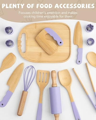 Wooden Kids Cooking Set Montessori Kit - Real Toddler Kitchen Tools & Baking Utensils - 30PCS Cooking Kit for Kids with Storage Bag, Great Gift for Pretend Play & Montessori Learning (Purple) thumbnail 6