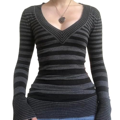 Y2K Striped Long Sleeve Slim Tops Color Block Square Collar Harajuku Tee Aesthetic Autumn Winter 90s Shirts - Image 1
