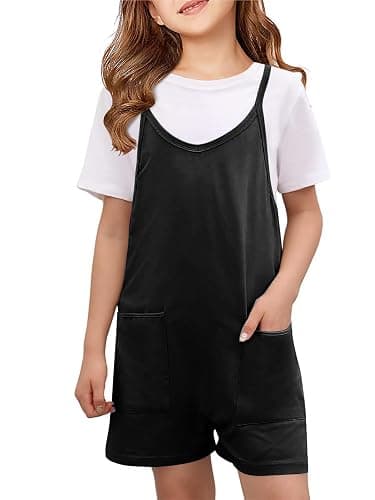 CharmWM Girls Summer Jumpsuits Spaghetti Strap Sleeveless Loose Romper Short Pants with Pockets 5-14 Years - Image 1