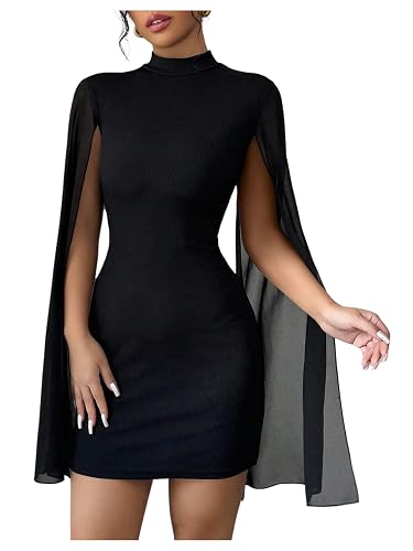 IQLWI Women's Sexy Glitter Mini Dress Mock Neck Cloak Sleeve Cocktail Shimmering Elegant Dresses Wedding Guest Party Evening thumbnail 6