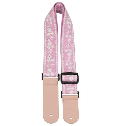 ALLZEDREAM Guitar Strap,Genuine Leather Ends,Lace Sequins Original Design (Lace Pink) - Image 1
