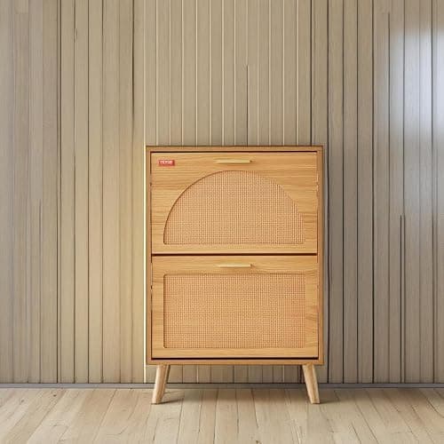 VEVOR Shoe Cabinet with 2 Flip Drawers, Shoe Storage Cabinet for Entryway, Free Standing Shoe Storage Organizer with Rattan Doors for Heels, Boots, Slippers in Hallway, Living Room - 23.62"D x 6.61"W x 34.53"H thumbnail 2