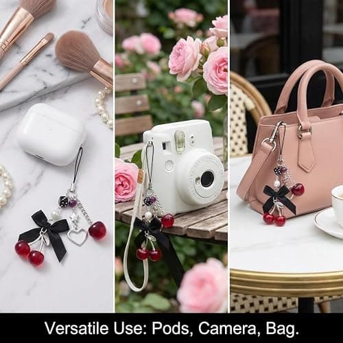 Nalefow Phone Charms Strap Cute Cherry CellPhone Straps Aesthetic Pink Red Black BlueCherry Phone Chain for Camera Keychain Bag Pendant Decor Gift thumbnail 7