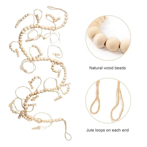 WIVKFML Hanging Photo Display with 18 Wood Clips, Boho Wooden Bead Wall Décor for Bedroom, Living Room, Dorm, Kids Art Picture Display thumbnail 5