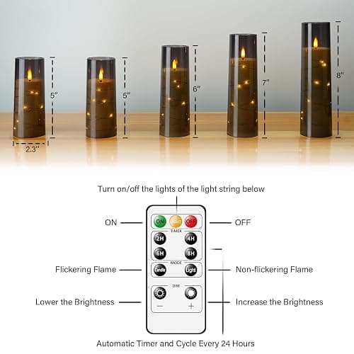 kakoya Flameless LED Candles with Timer 5 Pc Flickering Flameless Candles for Romantic Ambiance and Home Decoration Stable Acrylic Shell,with Embedded Star String，Battery Operated Candles（Grey） thumbnail 4