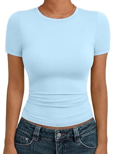 AUTOMET Women's Crew Neck Short Sleeve Basic Stretchy Tight Fitted T-Shirt - Image 1