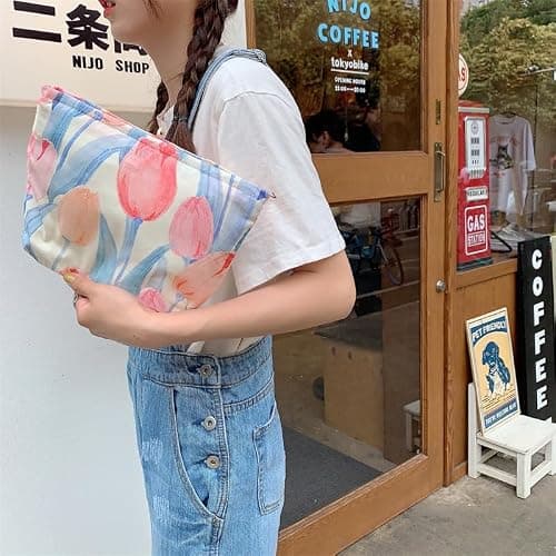 Floral Makeup Bag Large Cotton Zipper Pouch for Purse Travel Canvas Make Up Organizer for Women Cosmetic,Tulip Pink thumbnail 7