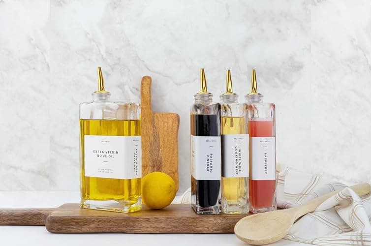 Molimoli Olive Oil Dispenser Bottle for Kitchen, Automatic Pourer, Glass Thin Bottle Dispenser for Kitchen, Olive Oil Cruet, | Set of 2 - Gold thumbnail 7