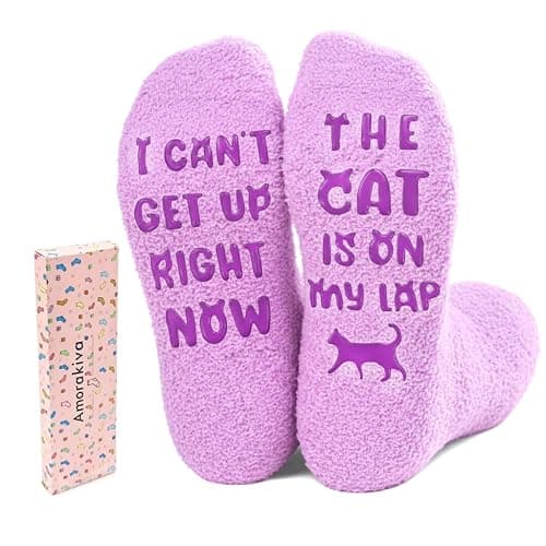 AmoraKiva Mothers Day Gifts for Mom Grandma Wife- Funny Cat Mom Fuzzy Slipper Socks - Image 1