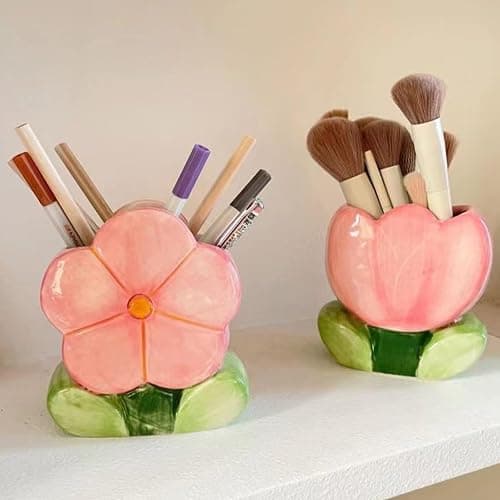 Busnos Pen Holder for Office Desk Accessories Aesthetic Pink Makeup Brush Holder Pencil Holder Cute Tulips Home Decor Birthday Gifts for Women Vanity Toothbrush Holder Kawaii Kitchen Utensil Holder thumbnail 5