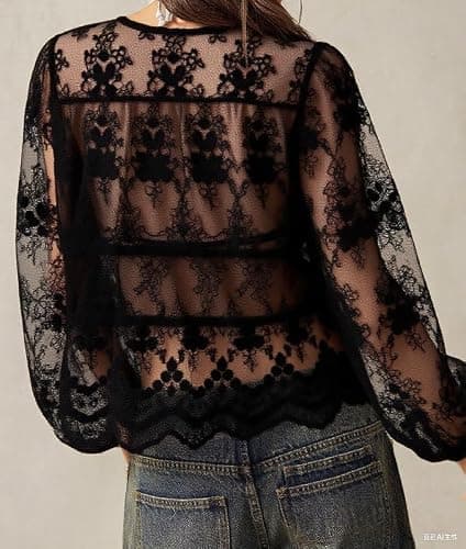 Sexy Women Tie Front Long Sleeve Lace Shirt See Through Open Front Sheer Mesh Tops V Neck Ruffle Going Out Lace Blouses thumbnail 4