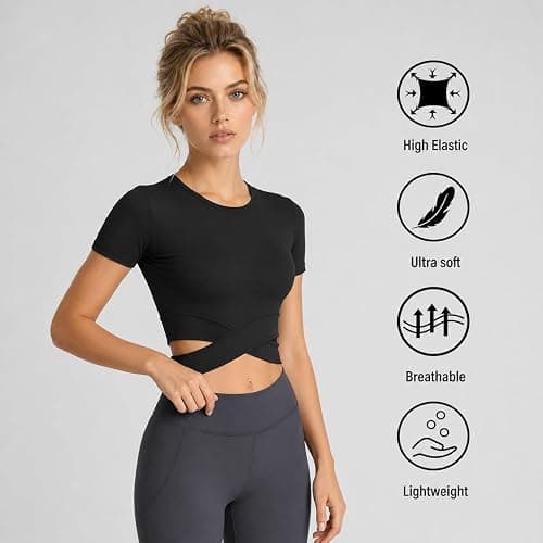 DREAM SLIM Short Sleeve Crop Tops for Women Tummy Cross Fitted Yoga Running Shirts Gym Workout Cropped Tank Tops thumbnail 6