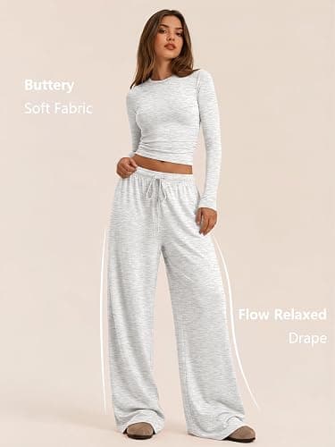 Trendy Queen Women's 2 Piece 2026 Fall Fashion Lounge Set with Pockets | Airport Outfit, Athleisure Workout Set, Fall Wardrobe Staple, Winter Style, Side-Ruched Top, Drawstring Wide-Leg Pants thumbnail 2
