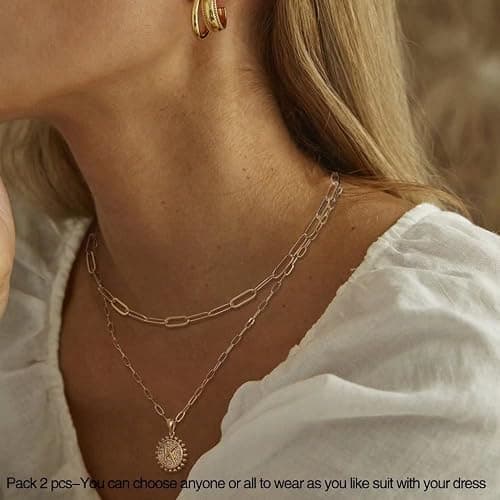 Ursteel Layered Initial Necklaces for Women, 14K-Gold-Plated Dainty Layering Paperclip Chain Necklaces for Women Jewelry thumbnail 2