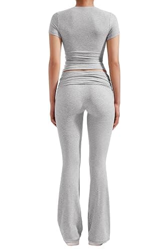 YETOWA Women's 2 Piece Lounge Outfits Slim Short Sleeve Tops Low Rise Flare Leggings Sets Yoga Sweatsuit thumbnail 2