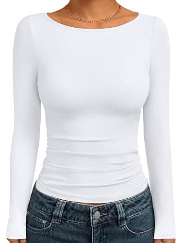 Trendy Queen Women's Boat Neck Tops Long Sleeve Shirts Casual Fitted Tee Shirts Solid Color Fall Basic Clothes 2025 - Image 1