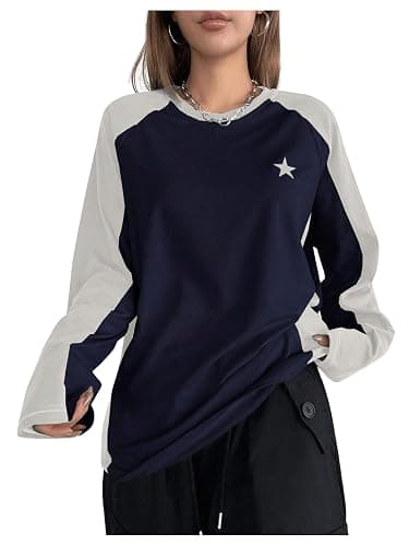 SHENHE Women's Color Block Crew Neck Star Graphic Raglan Shirt Loose Long Sleeve Tee Top - Image 1