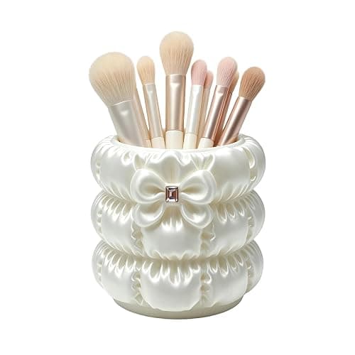 Cute Bow Makeup Brush Holder Coquette Pearl White Vanity Pen Cup Organizer | Clean Girl Aesthetic Vanity Cup,4" Space-Saving Desktop Caddy,Satin Luster Texture,Aesthetic Cosmetics Brush Holder - Image 1
