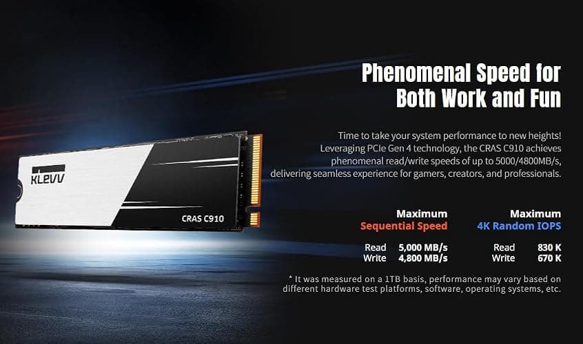 KLEVV CRAS C910 500GB M.2 2280 NVMe PCIe Gen4x4 Laptop & Desktop Internal SSD Heatsink Included, up to 5000MB/s (K500GM2SP0-C91) thumbnail 3
