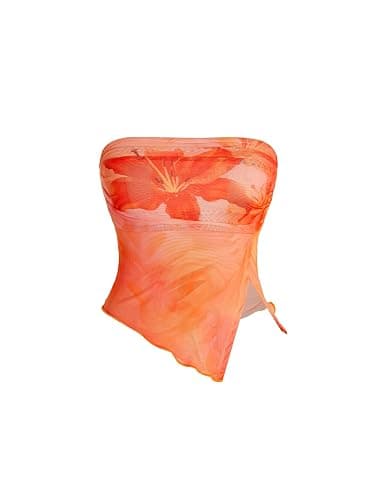 Milumia Women Floral Mesh Strapless Ruched Tube Top Split Hem Sleeveless Bandeau Crop Tops - Image 1