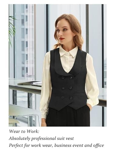 Belle Poque Women Double Breasted Waistcoat Vintage Lapel Collar Vest Coat with 2 Pockets thumbnail 4