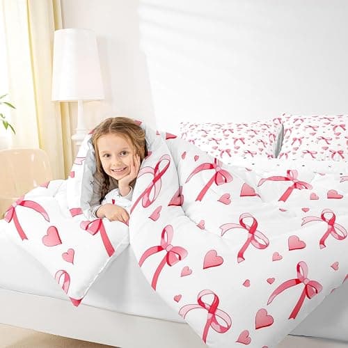 meiyoeat Cute Red Bow Comforter Set Twin Size Kids Bowknot Heart Bedding Set Gift for Girls Women Duvet Insert Breathable Quilt Bedroom Decor,1 Comforter with 1 Pillowcase thumbnail 8