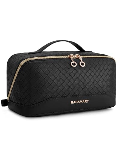 BAGSMART Makeup Bag, Travel Cosmetic Bag Organizer, PU Leather Water-Resistant Pouch, Open Flat Makeup Storage for Toiletries, Brushes, PU Leather Black - Image 1