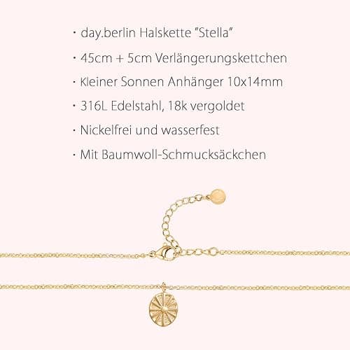 day.berlin Damen Halskette Stella 18k vergoldet, 45+5cm variable Länge mit kleinem Anhänger Sonne, 316L Edelstahl Kette nickelfrei und wasserfest thumbnail 3