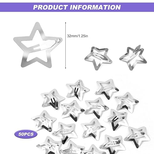 Star Snap Hair Clips, 50 Pcs Silver Star Hair Clips Barrettes Small Metal Stars Snap Hairclips Barrette Accessories for Girls Women thumbnail 2