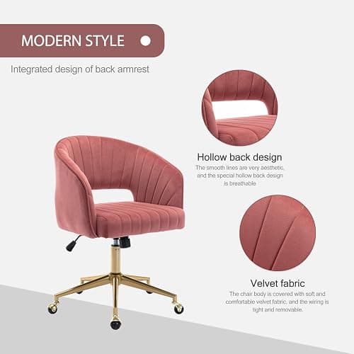 Nrizc Velvet Home Office & Living Room Desk Chairs with Adjustable Swivel Wheels, Ergonomic Upholstered Office Chair for Bedroom, Vanity Study (Rose) thumbnail 4