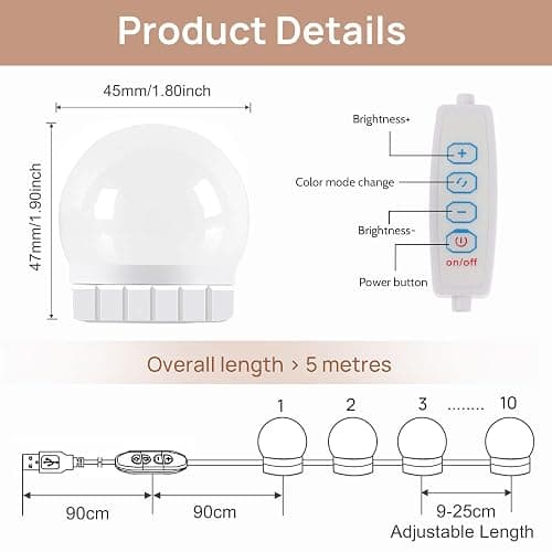 Akynite Hollywood Mirror Lights Stick on 10 Bulbs, USB Cable Adjustable, 3 Colour Changing and 10 Brightness, LED Vanity Mirror Lamp Dimmable, Makeup Lights for Dressing Table (No Adapter) thumbnail 2