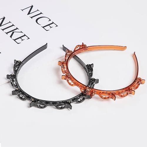 JASSINS Headband with Clips,2Pcs Braided Bang Headband with Teeth for Women | ABS Resin Hollow Woven Headband,Toothed Headband Braid Tool,8 built-in hairpins,For fits straight & curly hair(Black Brown) thumbnail 7