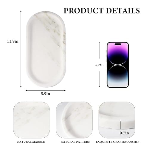Koville Natural Marble Tray for Bathroom Countertop, Marble Storage Trays for Perfume, Cosmetics, Jewelry, Vanity Tray Stone Trays for Kitchen, Decorative Tray for Dresser Organizer(Calacatta White) thumbnail 3