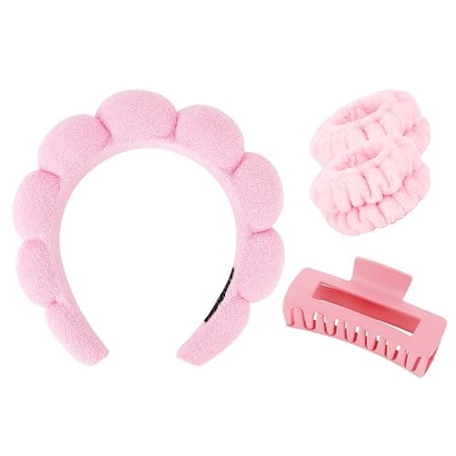 Wecoe Spa Headband And Wristband Set Skincare Headband For Washing Face Hair Claw Clips For Thick Hair Cute Pink Puffy Sponge Makeup Bubble Head Band Wrist Towels Scrunchies For Women Girls - Image 1