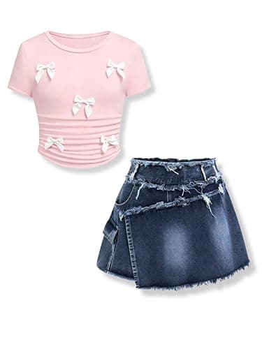 Voxikidio Size 7-13 Years Girls Summer Clothes Bow Short Sleeve T-Shirt and Denim Skirt Shorts Set Outfits for Teen - Image 1