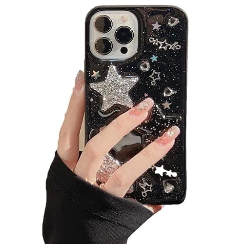 LOLAGIGI for iPhone 13 Case Bling Stars 3D Hearts Diamond Twinkle Star Glitter Y2K Spark Luxury Girly Aesthetic Personalized Design for Women Girls Teens TPU Case, 6.1", Black - Image 1
