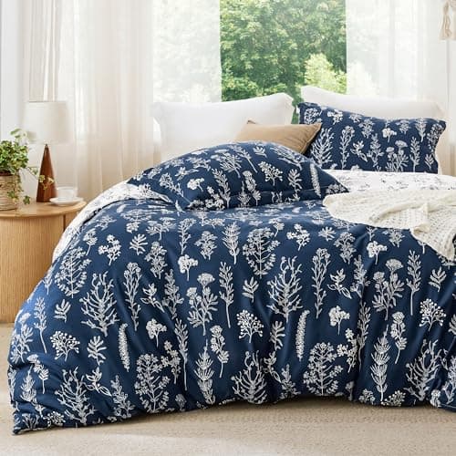 Bedsure Queen Comforter Set - Navy Bed Set, 3 Pieces Cute Floral Bedding, 1 Soft Reversible Botanical Flowers Comforter and 2 Pillow Shams - Image 1