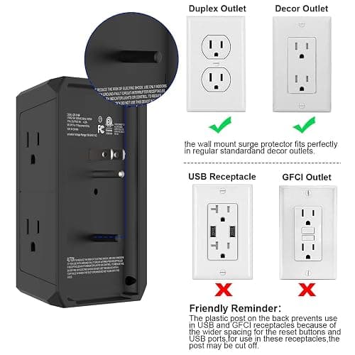 Multi Outlet Extender Surge Protector - POWERIVER Multi Plug Wall Outlet with 5 AC Outlets and 4 USB Ports(2USB C), 1680 Joules, Outlet Splitter for Home School Office, ETL, Black thumbnail 5