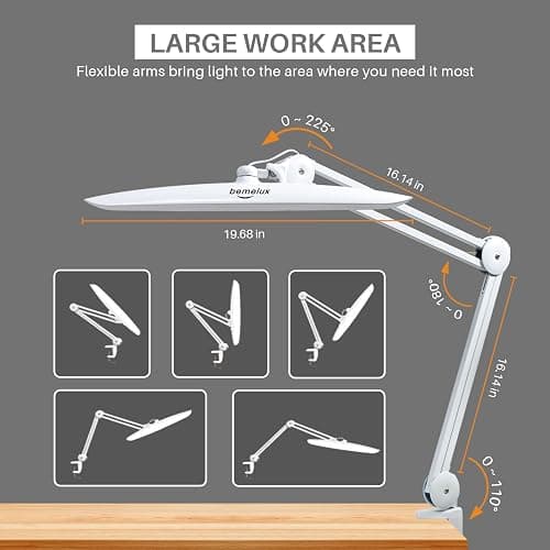 bemelux LED Nail Desk Lamp with Clamp, 117PCS LEDs, 2200 Lumens 20 Inch Metal Swivel Arm Dimming Task Lamp for Reading,Desktop Office,Workbench,Architect,Sewing,Study,Home Craft and Nail(White) thumbnail 3