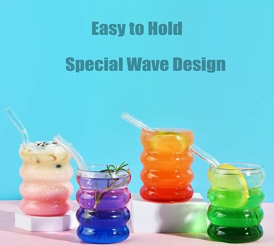 ALINK Bubble Drinking Glasses Tumblers- Wavy Glass Cups Cute Ripple Shaped Vintage Ribbed Glassware- Cocktail, Water, Soda, Juice, Coffee, Milk - 12 oz (350 mL) - Set of 2 thumbnail 5