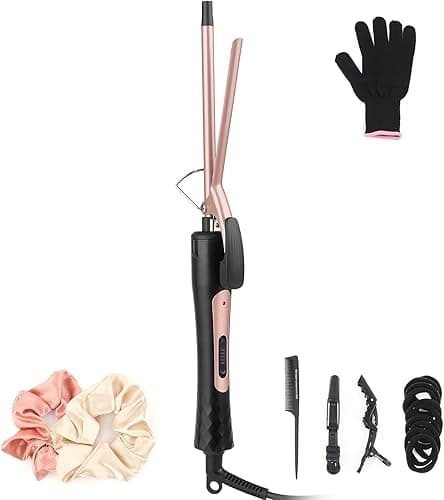 Thin Curling Iron, 3/8 Inch Small Curling Iron Wand for Short & Long Hair, Small Ceramic Barrel with 2 Temperature for Tight Curls, Include Heat Resistant Glove - Image 1