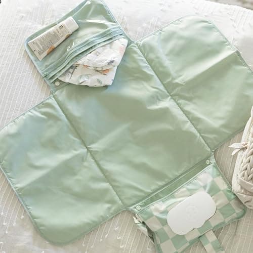 Tiny Twinkle Portable Diaper Changing Pad | Waterproof, Wipeable & Compact Baby Changing Pad for Travel | Smart Wipes Pocket & Organized Storage| Newborn Shower Gift (Sage Checkers) thumbnail 4