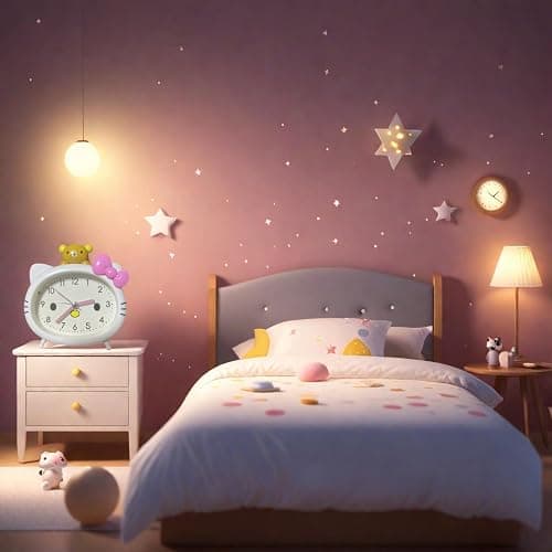 Fuxizest Cute Cat Alarm Clock, Kawaii Alarm Clock，Cartoon Cat Clock，Cute Clock，White with Pink Bow, Yellow Bear Topper, Kids Room Decor (White with Little Bear) thumbnail 2
