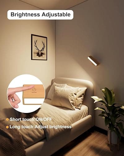 YiLaie Wall Sconces Battery Operated Set of Two,Rechargeable Wall Lamps for Bedroom,Wall Lights Wireless Dimmable,Wood Wall Sconce with 360 Rotation,Peel and Stick Wall Sconces for Bedroom Bedside thumbnail 4