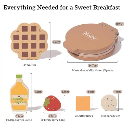 WOODENFUN Wooden Pretend Play Toy Waffle Maker Play Kitchen Accessories | Montessori Breakfast Play Food Set Birthday Gifts for 2 3 4 Years Old Toddlers Boys Girls thumbnail 2