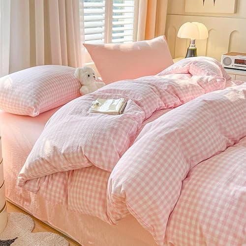 Michorinee Double Duvet Cover Set Pink White Plaid Pattern Country Style Bedding Set with Zipper Closure Aesthetic Cute Gingham Grid Washed Microfibre Girls Quilt Cover with 2 Pillowcases 50x75 cm - Image 1