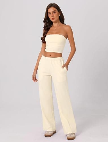 ABOCIW Womens 3 Piece Outfits Brushed Jersey Long Sleeve Hooded Cropped Shrug Bandeau Top Wide Leg Sweatpants Tracksuit thumbnail 5