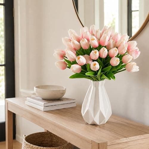 20 PCS Light Pink Artificial Tulips Flowers, 13.4" Lifelike PU Fake Tulips for Outdoors & Indoors, Faux Flowers with Real Touch Texture for Easter Decorations, Home, Living Room and Spring Decor. thumbnail 6